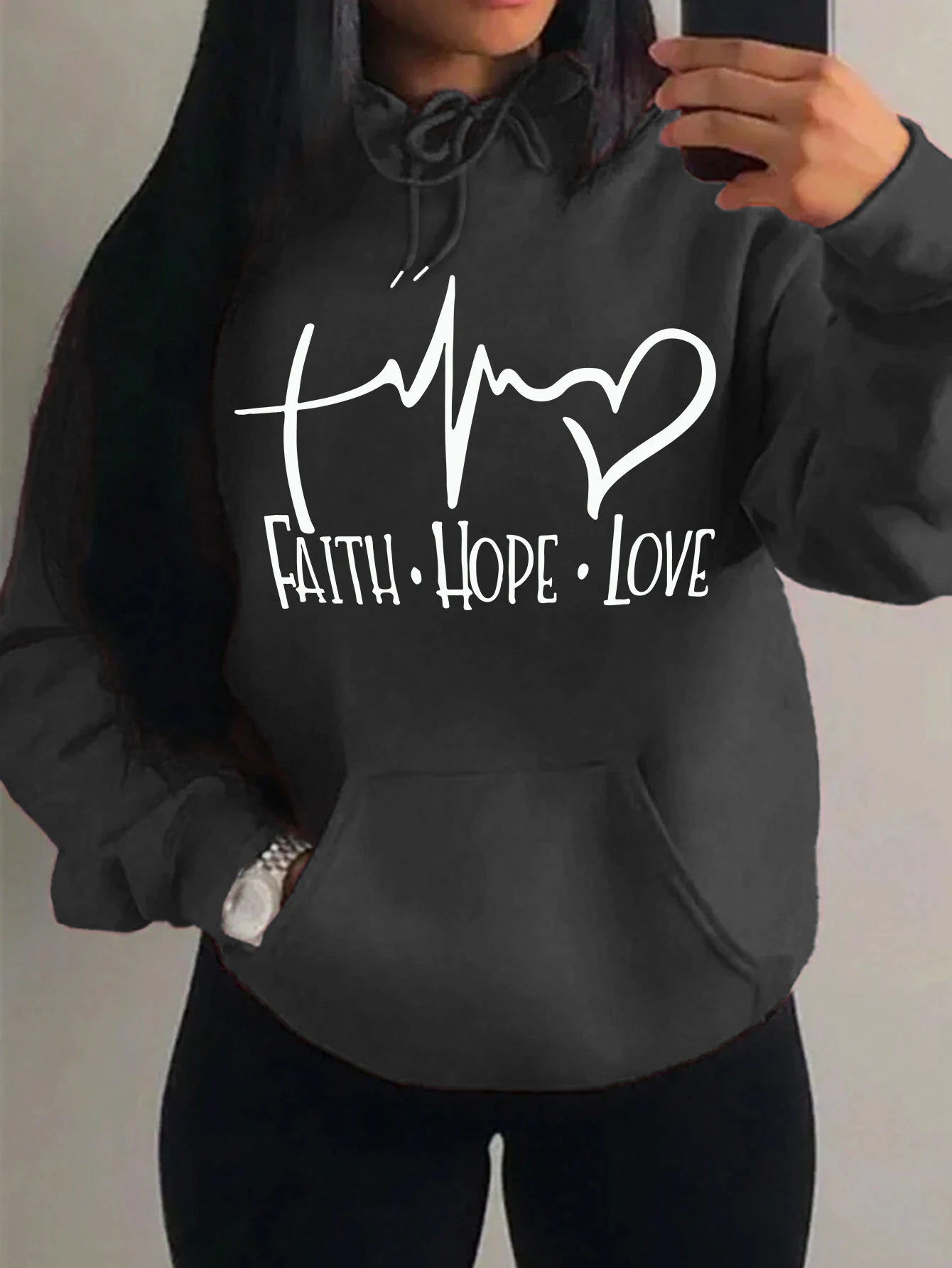 Loose Fit 'Faith Hope Love' Print Streetwear Hoodie