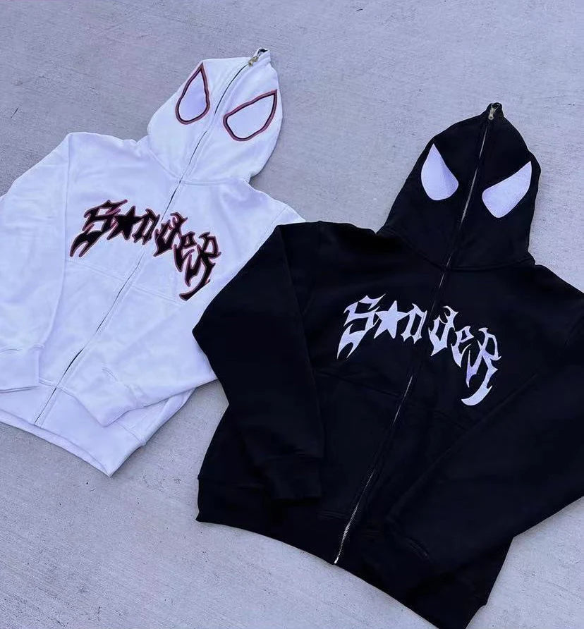 Y2K / Punk Full Zip Hoodie with Spider Print