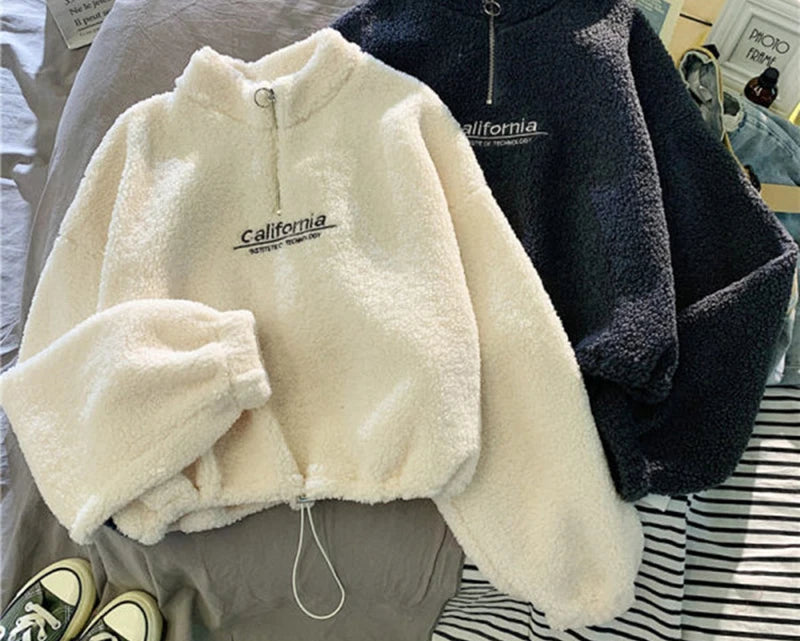 Embroidered Velvet Crop Hoodie with Stand Neck