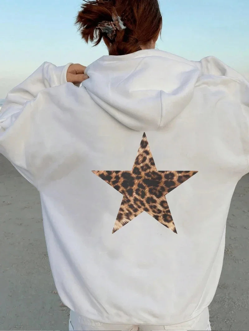 Loose Fit Fleece-Lined Hoodie with Leopard & Pentagram Print
