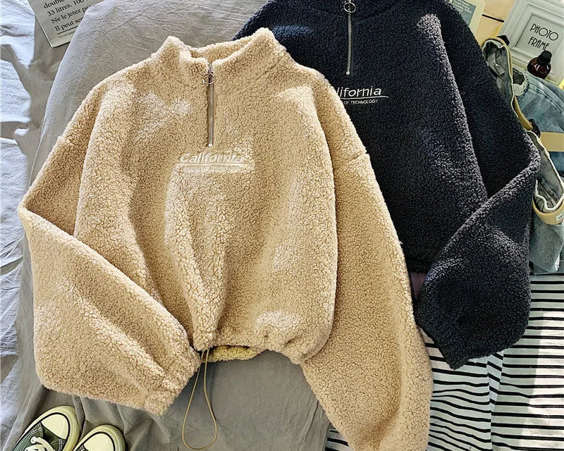 Embroidered Velvet Crop Hoodie with Stand Neck