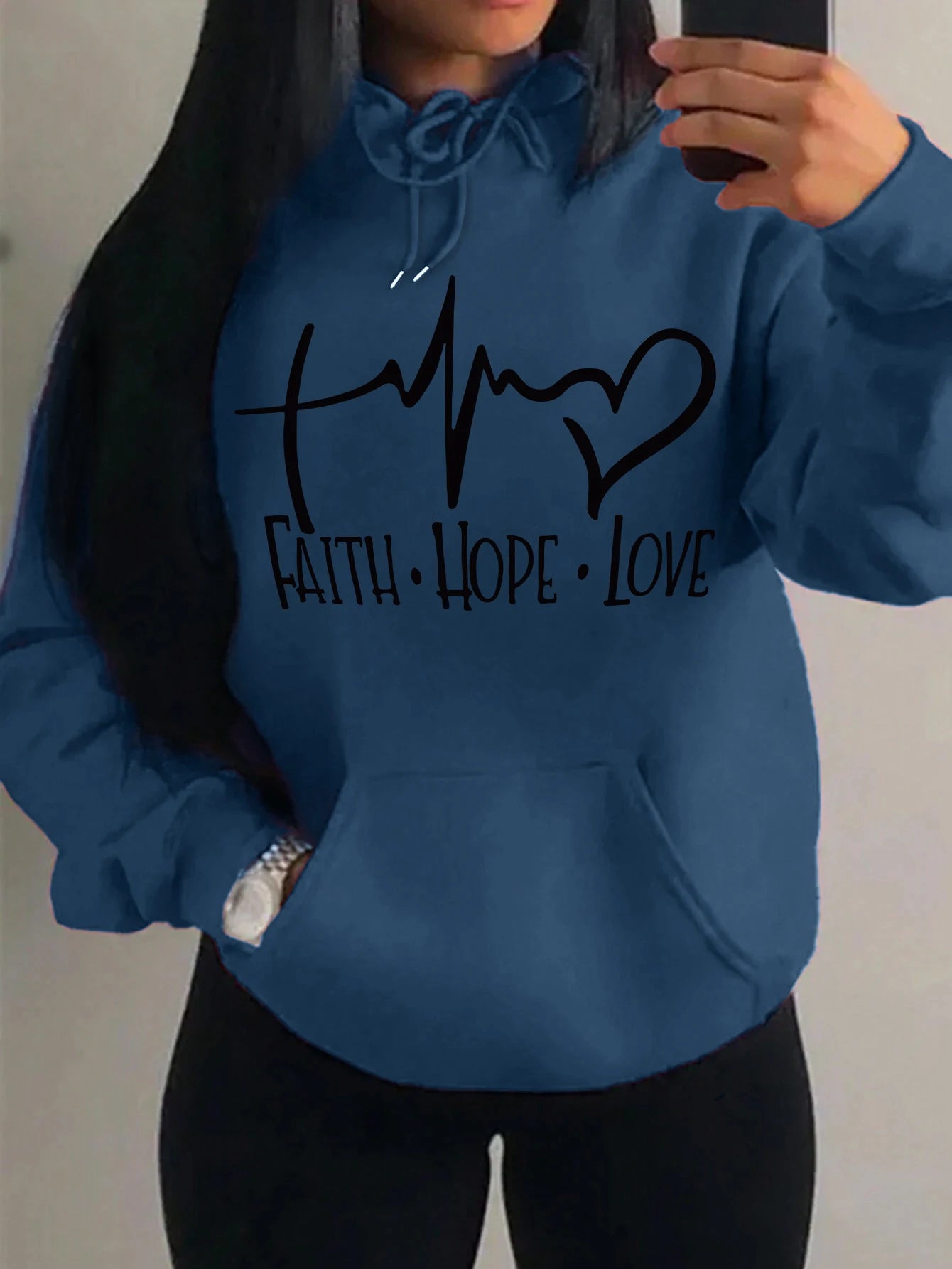 Loose Fit 'Faith Hope Love' Print Streetwear Hoodie