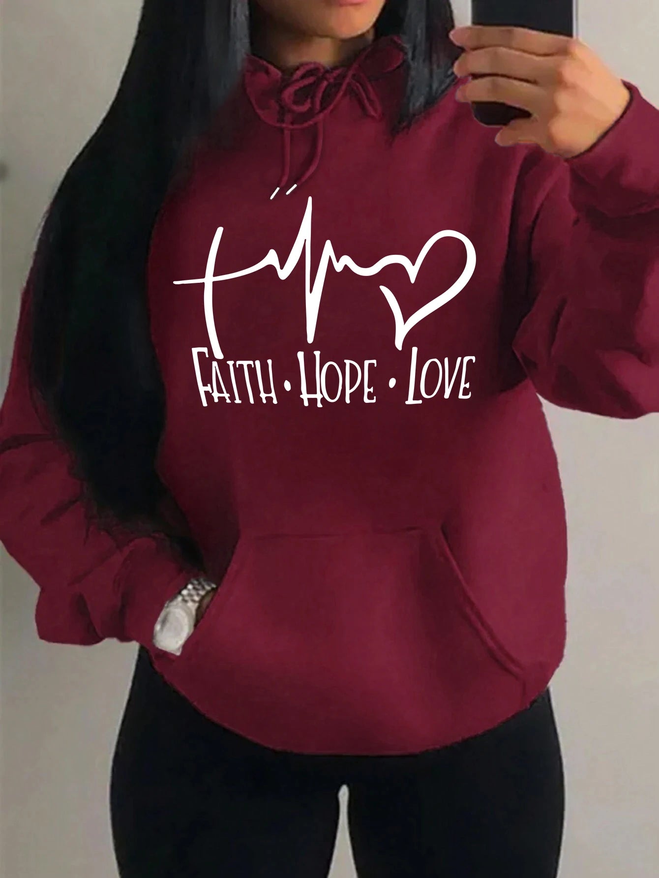 Loose Fit 'Faith Hope Love' Print Streetwear Hoodie
