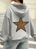 Loose Fit Fleece-Lined Hoodie with Leopard & Pentagram Print