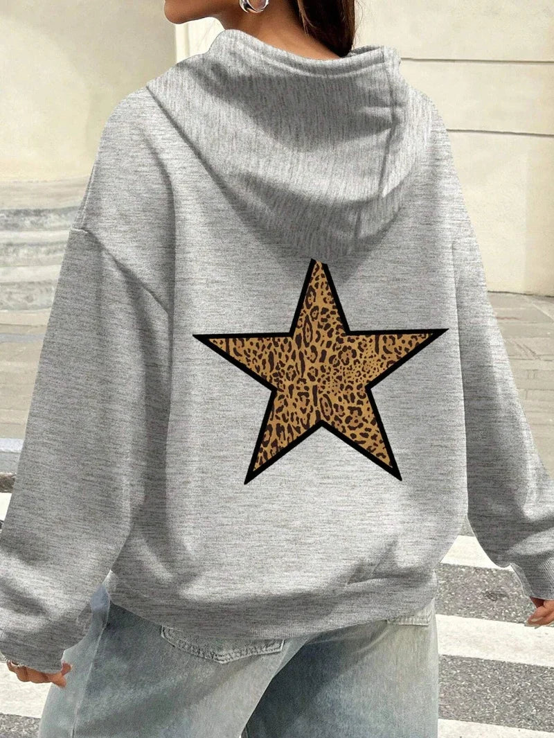 Loose Fit Fleece-Lined Hoodie with Leopard & Pentagram Print