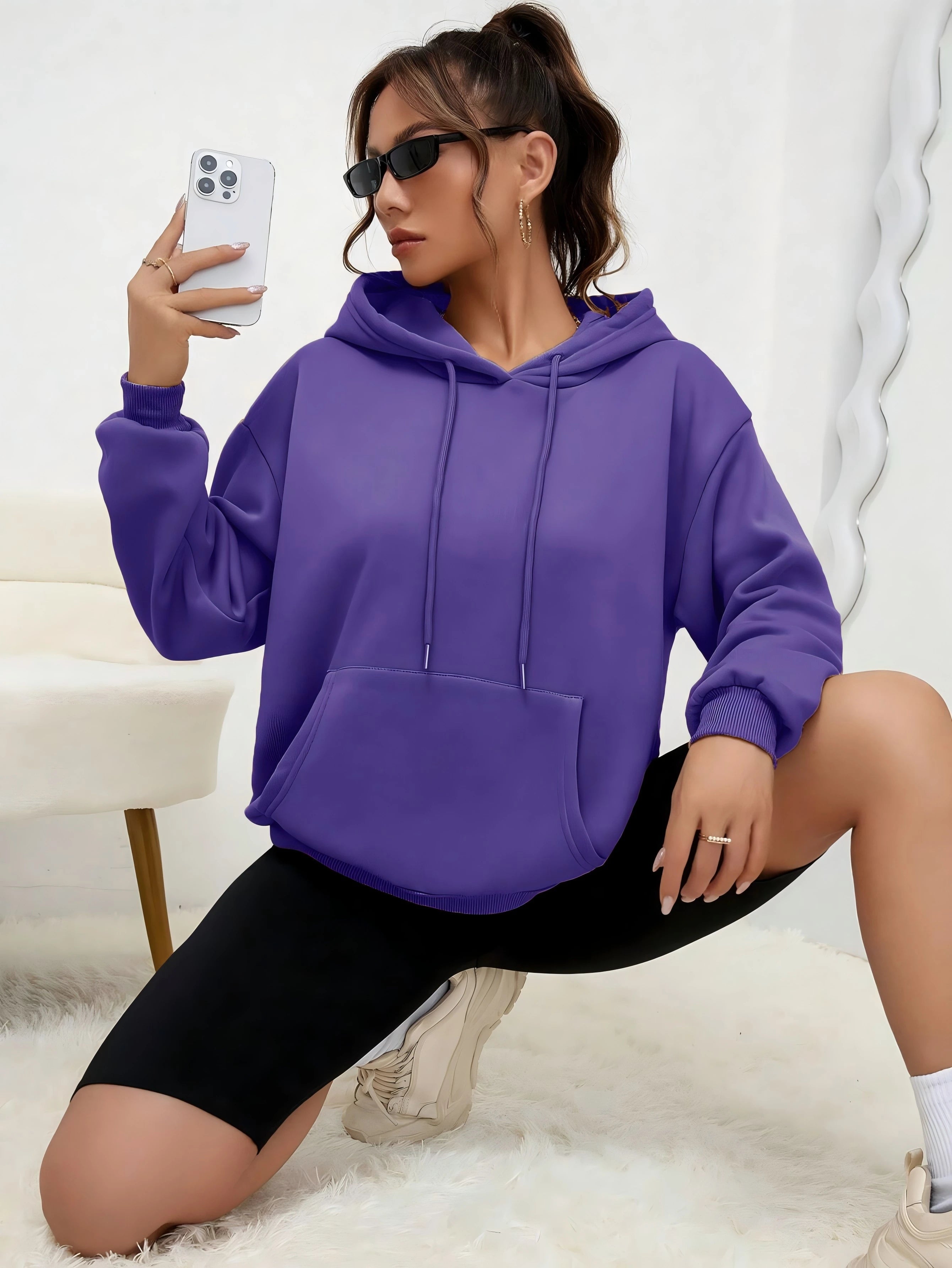 Unisex Loose Fit Solid Color Fleece-Lined Hoodie with Pocket
