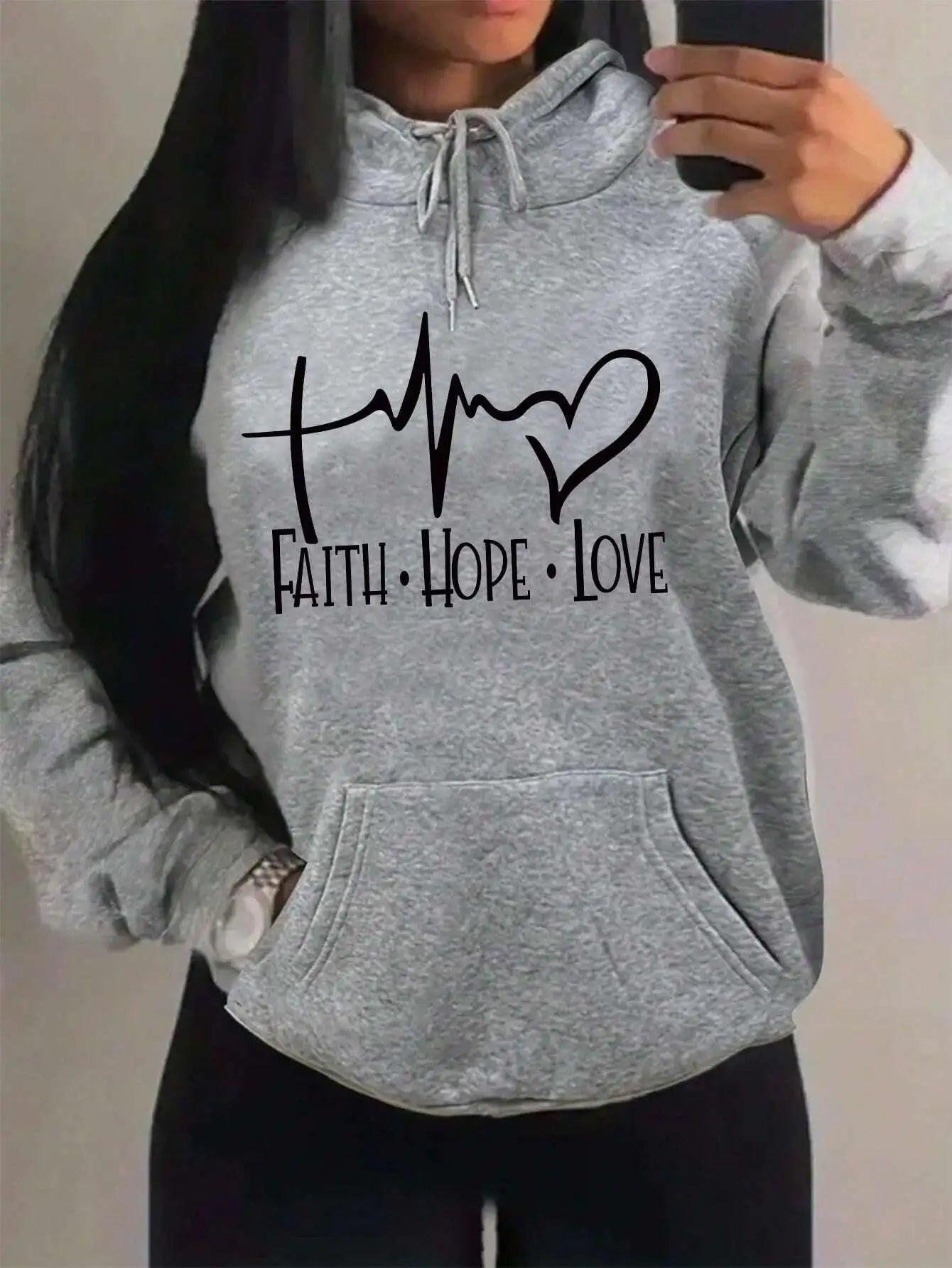 Loose Fit 'Faith Hope Love' Print Streetwear Hoodie