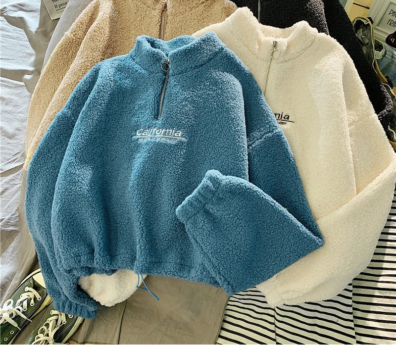 Embroidered Velvet Crop Hoodie with Stand Neck