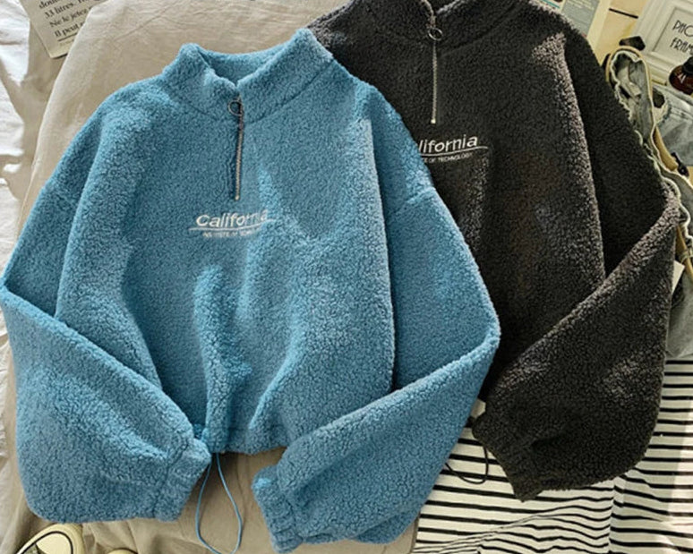 Embroidered Velvet Crop Hoodie with Stand Neck