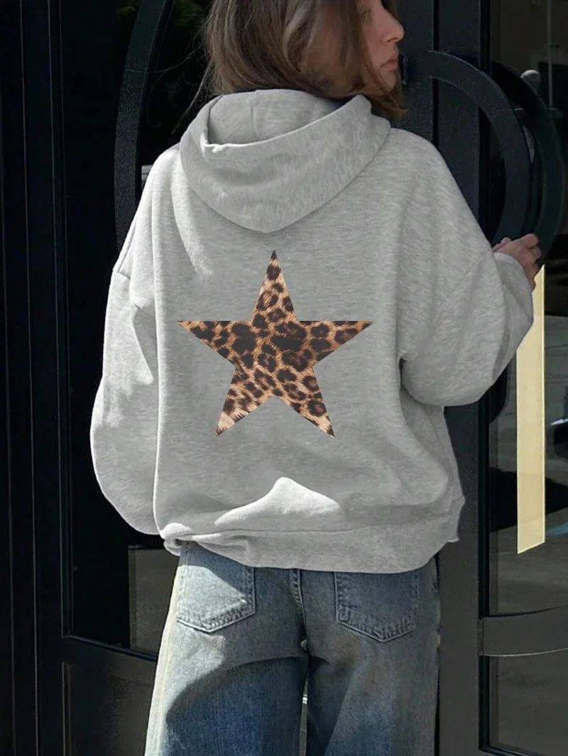 Loose Fit Fleece-Lined Hoodie with Leopard & Pentagram Print