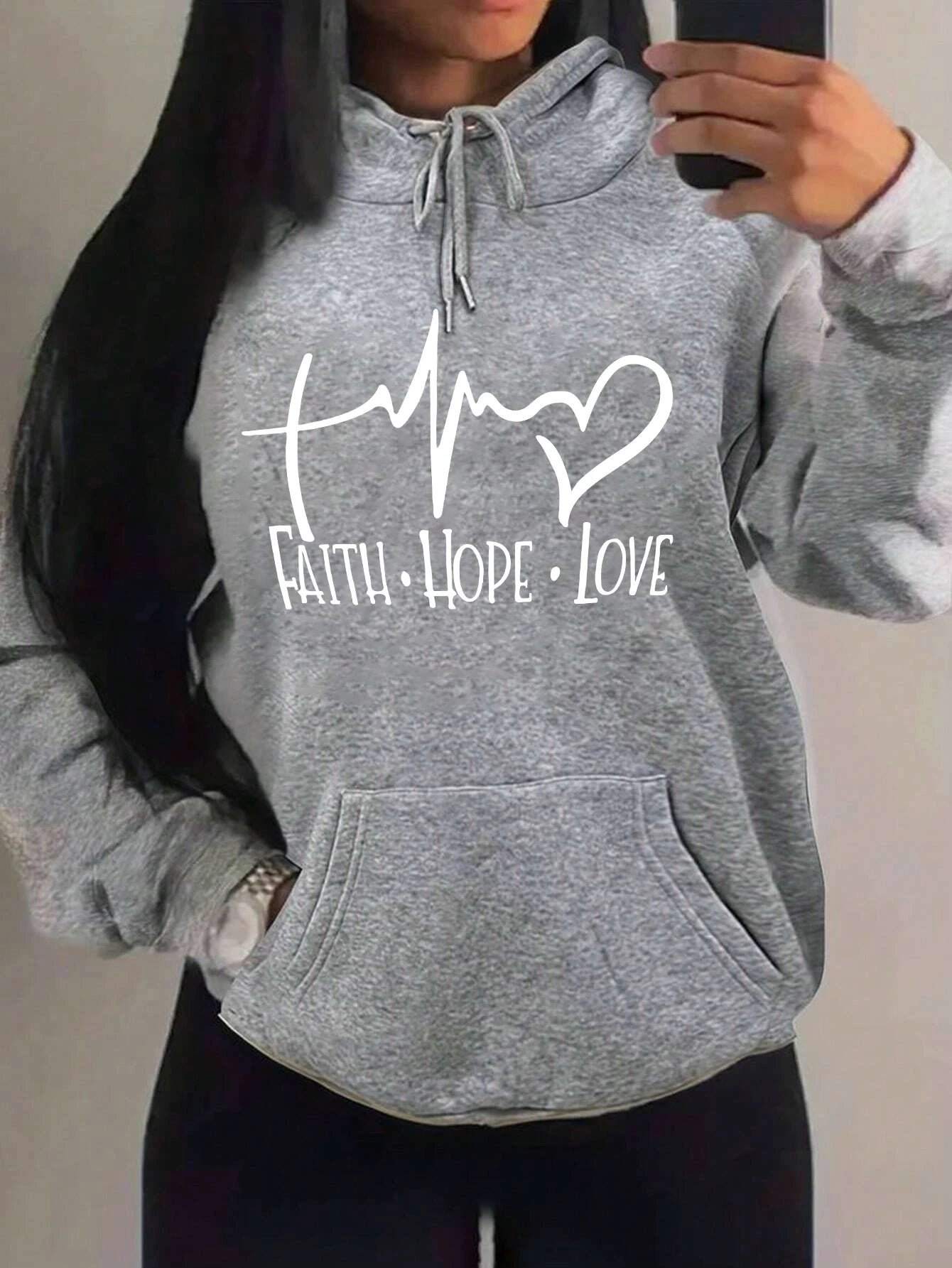 Loose Fit 'Faith Hope Love' Print Streetwear Hoodie