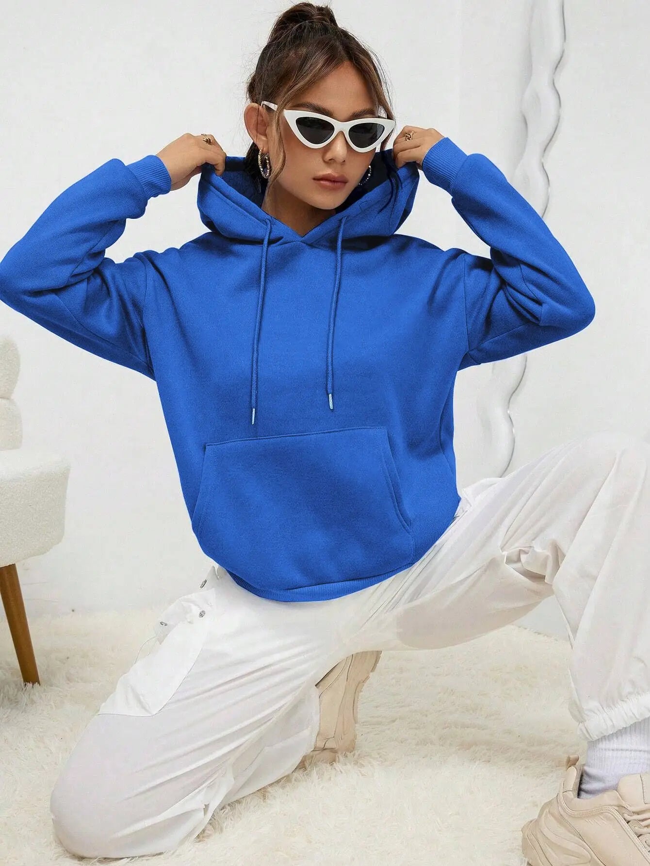 Unisex Loose Fit Solid Color Fleece-Lined Hoodie with Pocket