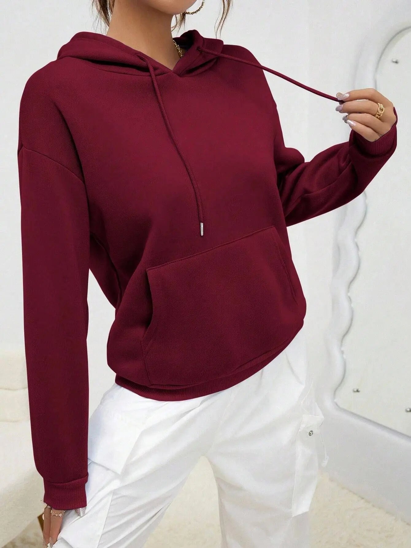 Unisex Loose Fit Solid Color Fleece-Lined Hoodie with Pocket