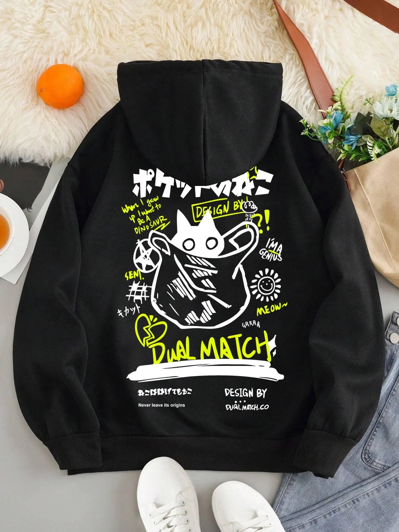 Cute Women's Loose Fit Cartoon Cat Hoodie